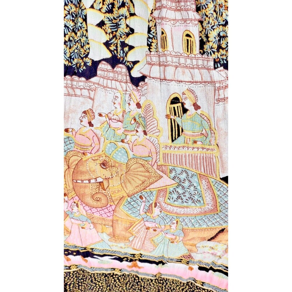 Vintage 80s Elephants People India City Life Tiered Mixed Media Broomstick Skirt